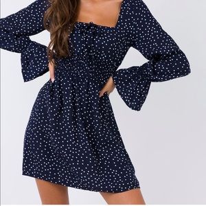 Princess Polly navy blue polka dot dress